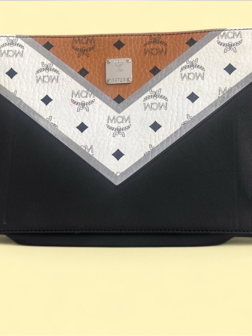 MCM Black, White & Cognac Chevron Logo Leather Clutch